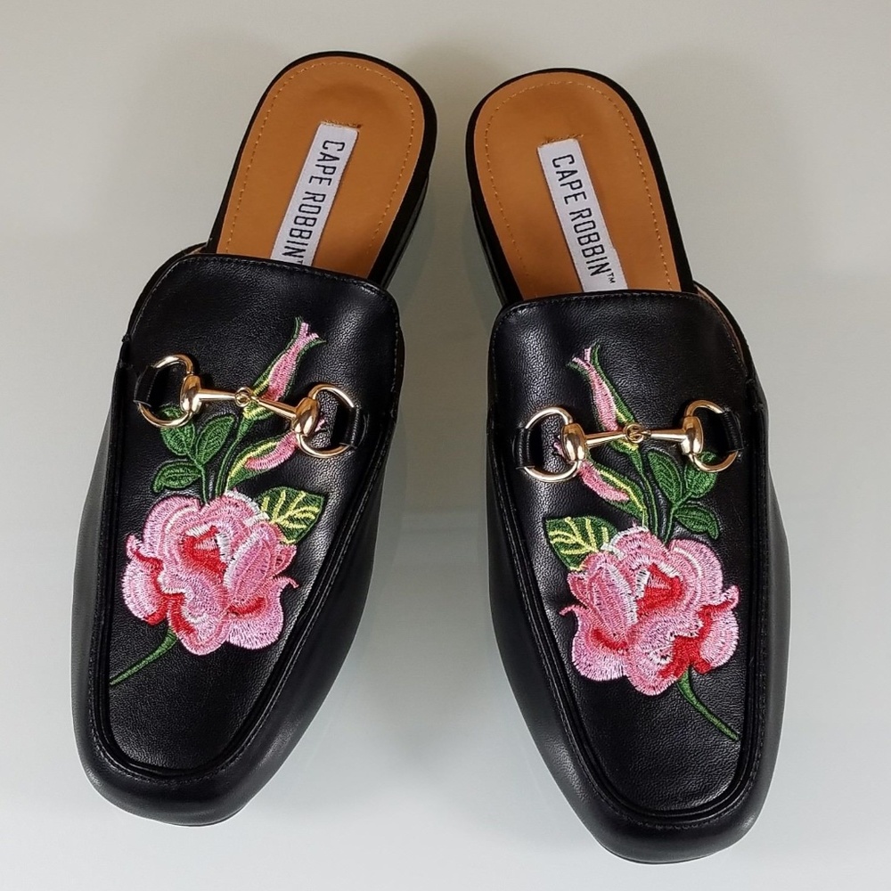 Black Flats Mules Clog Embroidered Rose Slipper